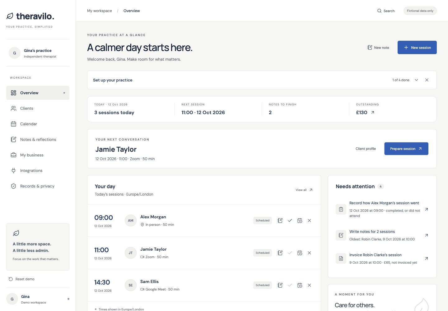 Theravilo Your day page, captured from the current fictional-data demo